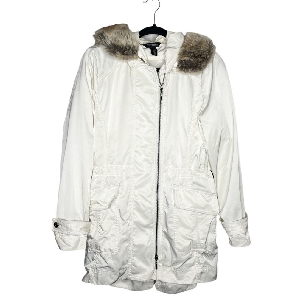 WHITE HOUSE BLACK MARKET / white mid length faux fur hooded jacket / S